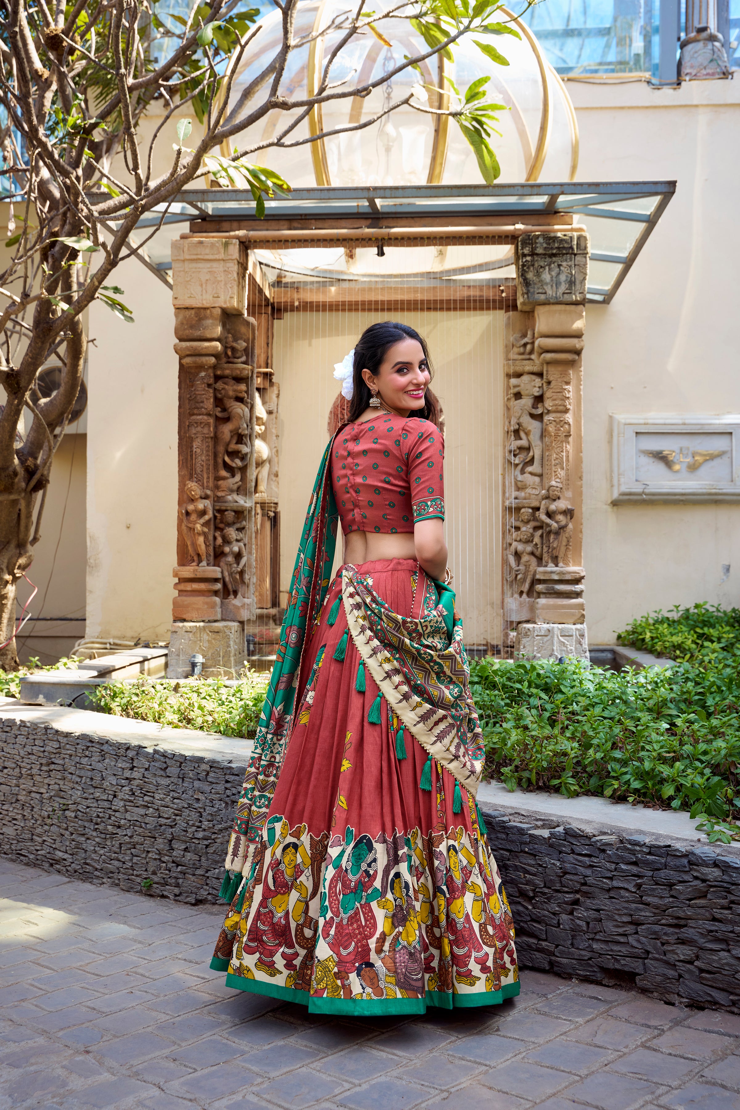 Lorenvalley Rust Tussar Silk Kalamkari With Foil Work Lehenga Choli - Distacart