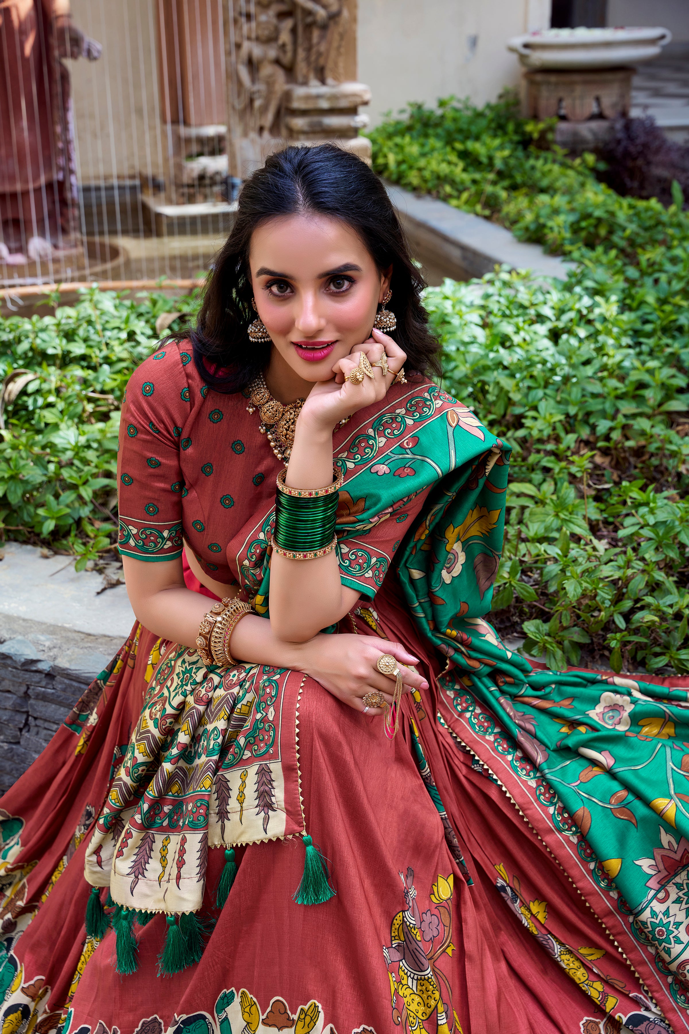 Lorenvalley Rust Tussar Silk Kalamkari With Foil Work Lehenga Choli - Distacart