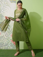 Thumbnail for Vishudh Green Ethnic Motifs Yoke Design Zari Straight Kurta With Trousers & Dupatta - Distacart