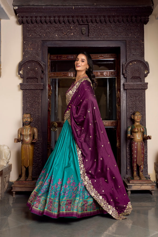 Lorenvalley Firozi Tussar Silk Printed With Foil Work Lehenga Choli with Dupatta - Distacart