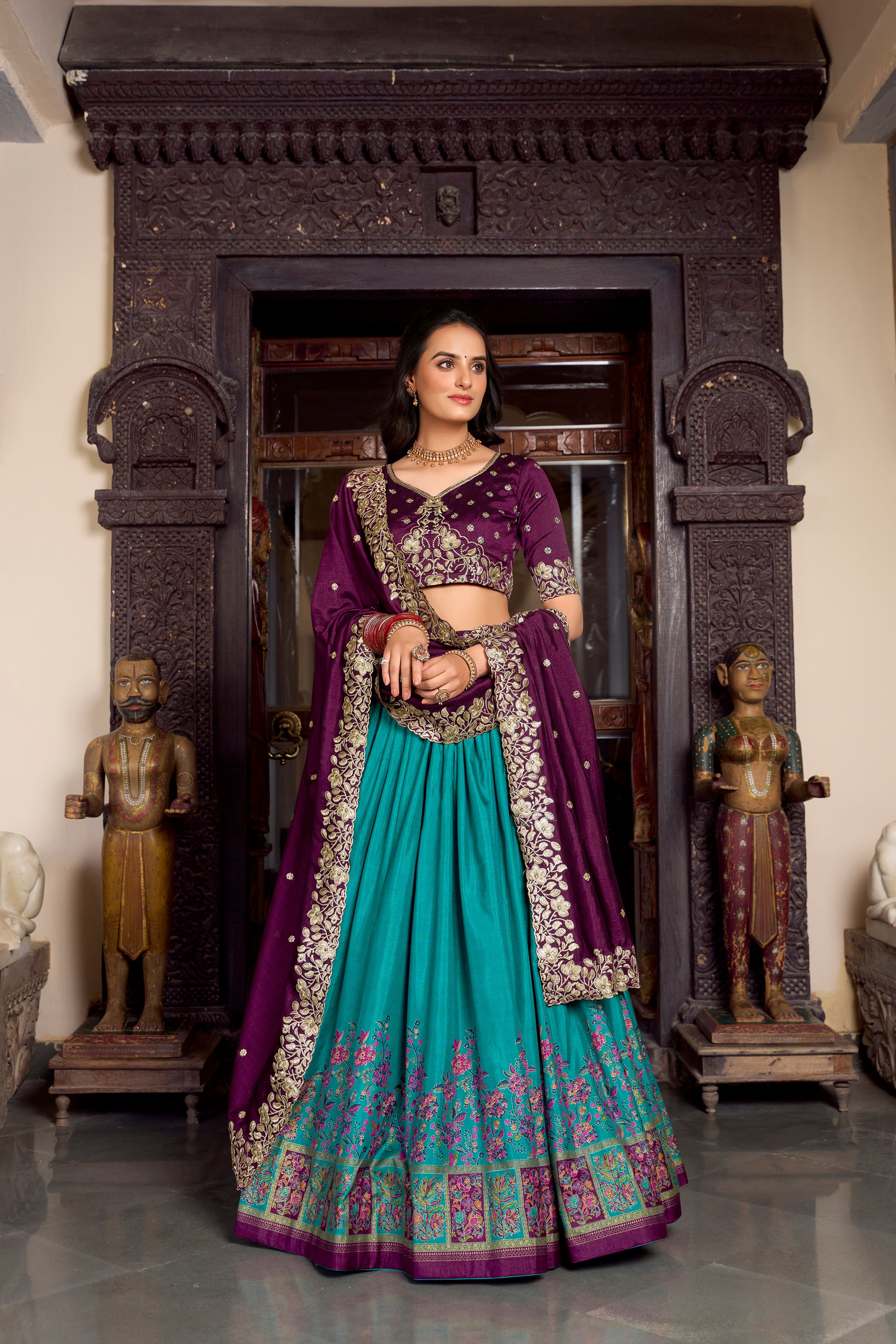 Lorenvalley Firozi Tussar Silk Printed With Foil Work Lehenga Choli with Dupatta - Distacart