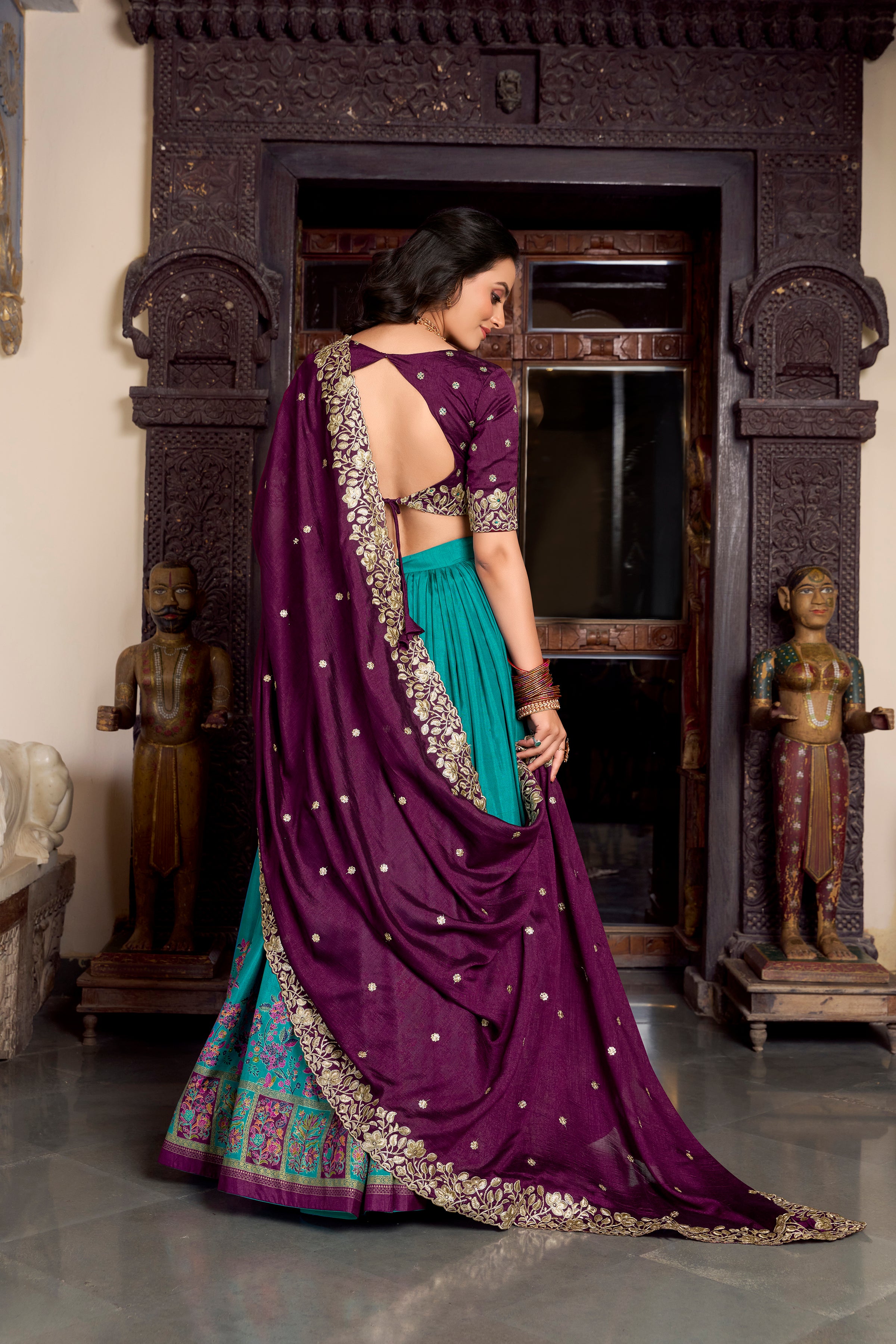 Lorenvalley Firozi Tussar Silk Printed With Foil Work Lehenga Choli with Dupatta - Distacart