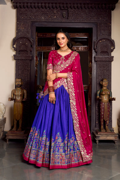 Lorenvalley Royal Blue Tussar Silk Printed With Foil Work Lehenga Choli with Dupatta - Distacart