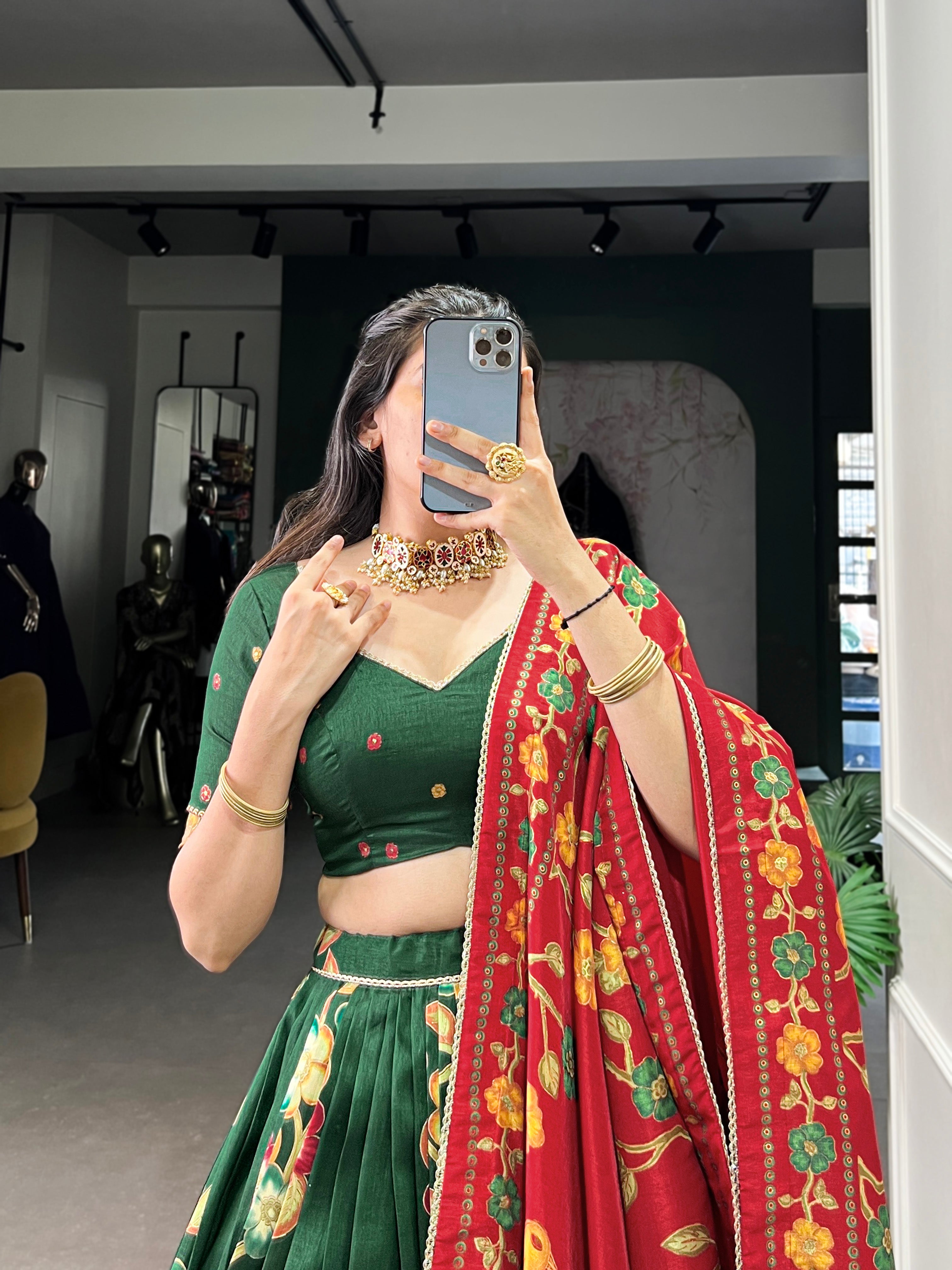 Lorenvalley Green Tussar Silk Printed And Foil Work With Lace Touch Up Lehenga Choli with Dupatta - Distacart