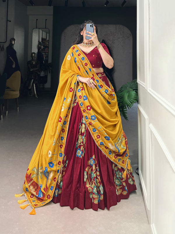 Lorenvalley Maroon Tussar Silk Printed And Foil Work With Lace Touch Up Lehenga Choli with Dupatta - Distacart