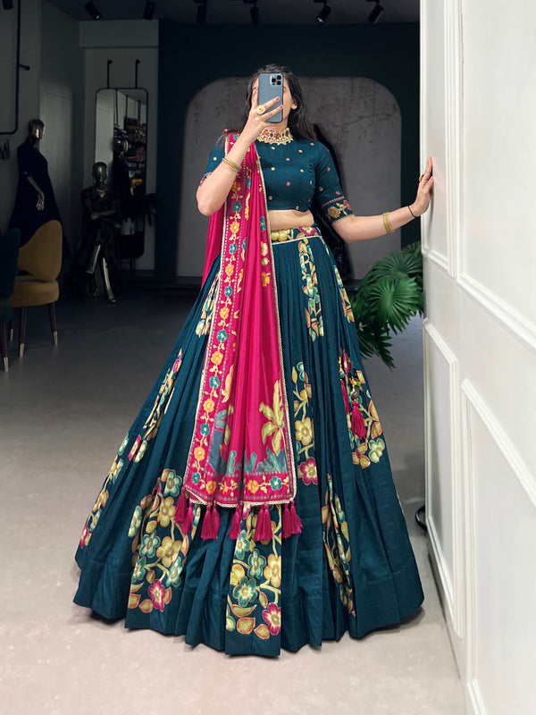 Lorenvalley Teal Tussar Silk Printed And Foil Work With Lace Touch Up Lehenga Choli with Dupatta - Distacart