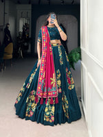Thumbnail for Lorenvalley Teal Tussar Silk Printed And Foil Work With Lace Touch Up Lehenga Choli with Dupatta - Distacart