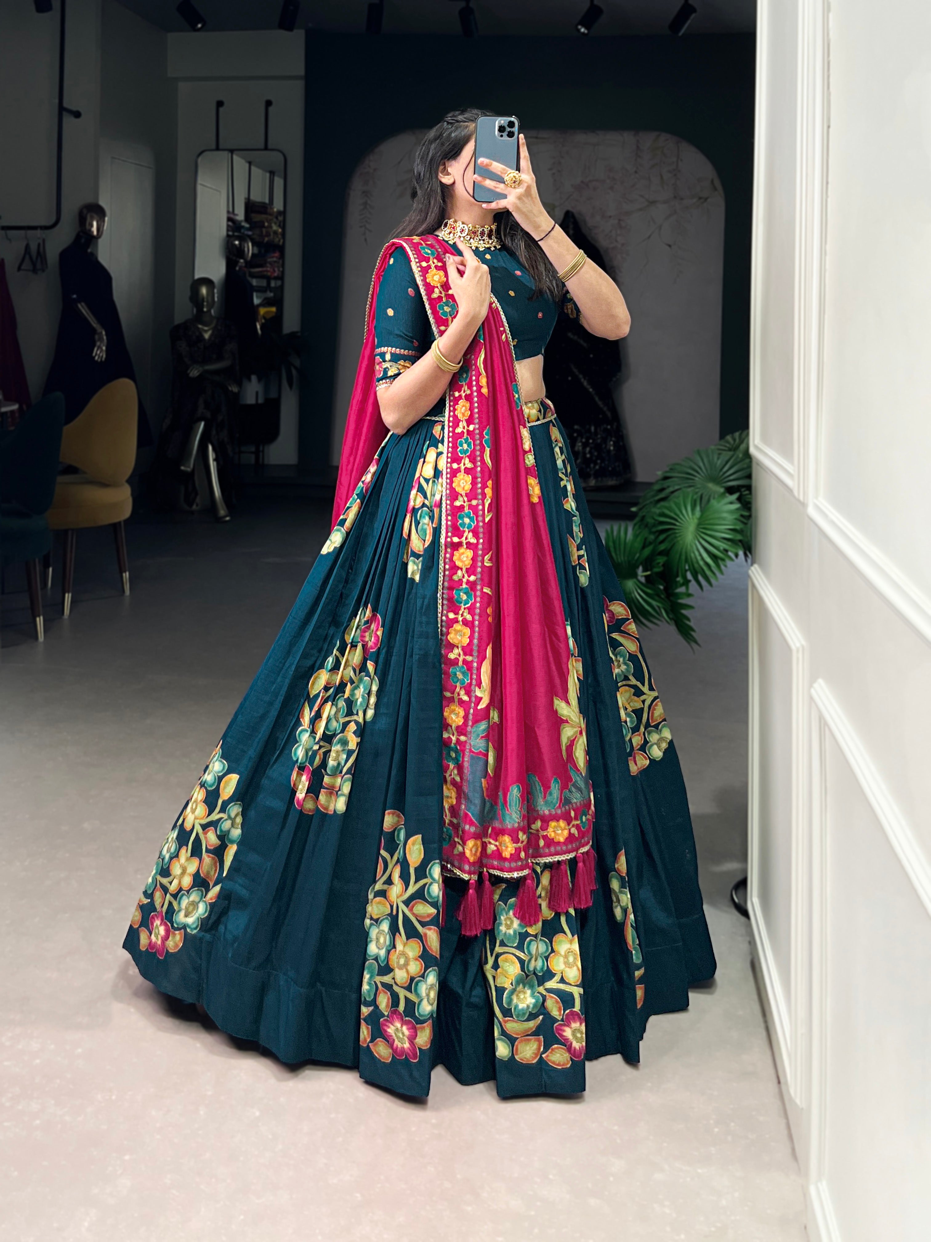 Lorenvalley Teal Tussar Silk Printed And Foil Work With Lace Touch Up Lehenga Choli with Dupatta - Distacart