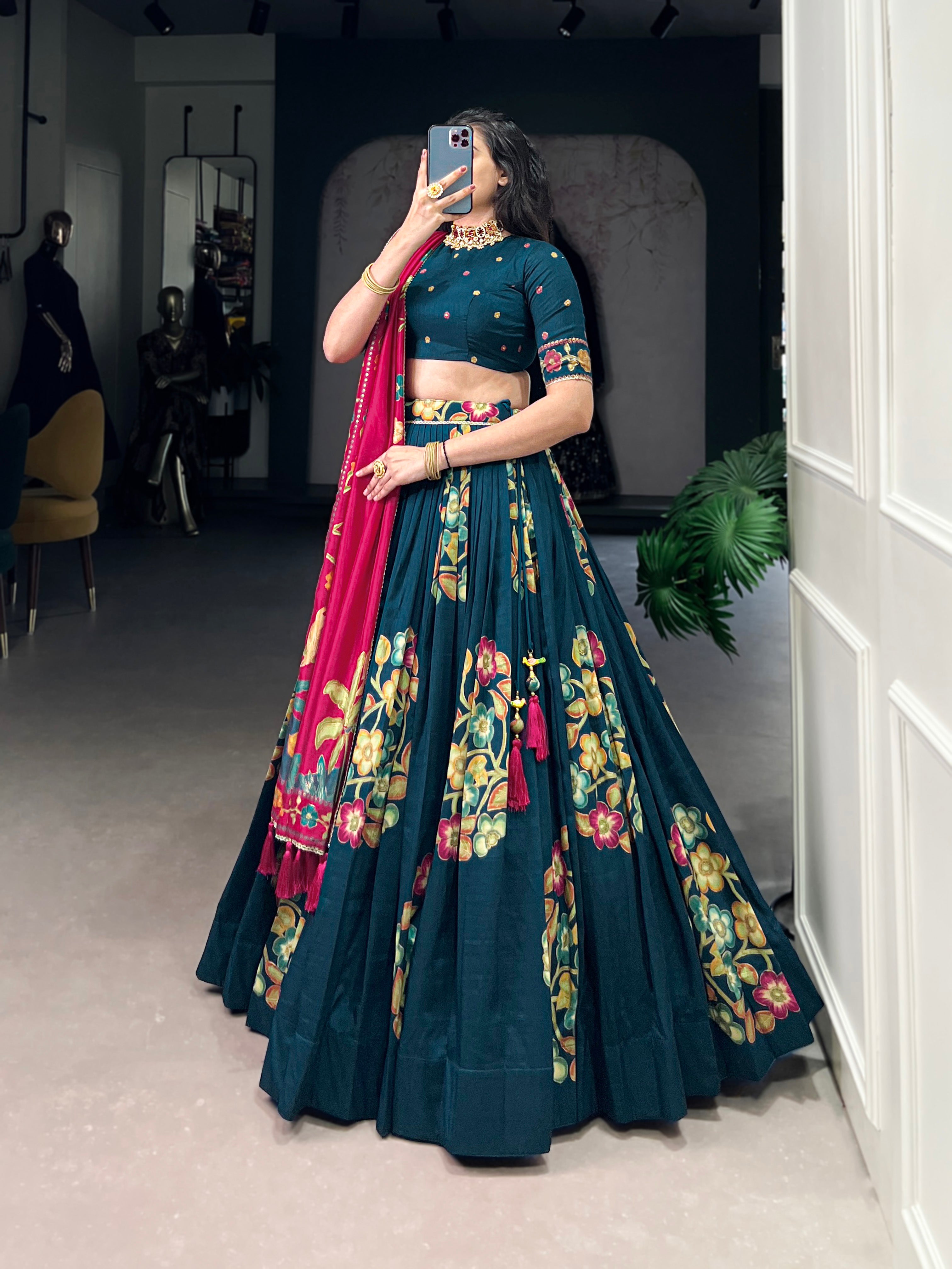 Lorenvalley Teal Tussar Silk Printed And Foil Work With Lace Touch Up Lehenga Choli with Dupatta - Distacart