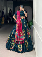 Thumbnail for Lorenvalley Teal Tussar Silk Printed And Foil Work With Lace Touch Up Lehenga Choli with Dupatta - Distacart