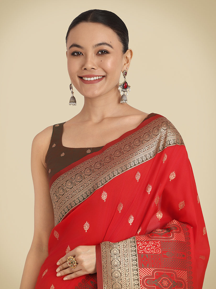 Monjolika Fashion Red Color Banarasi Soft Silk Trendy Saree - Distacart