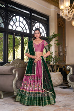 Thumbnail for Lorenvalley Pink Kanchipuram Printed With Zari Weaving Work Lehenga Choli with Dupatta - Distacart