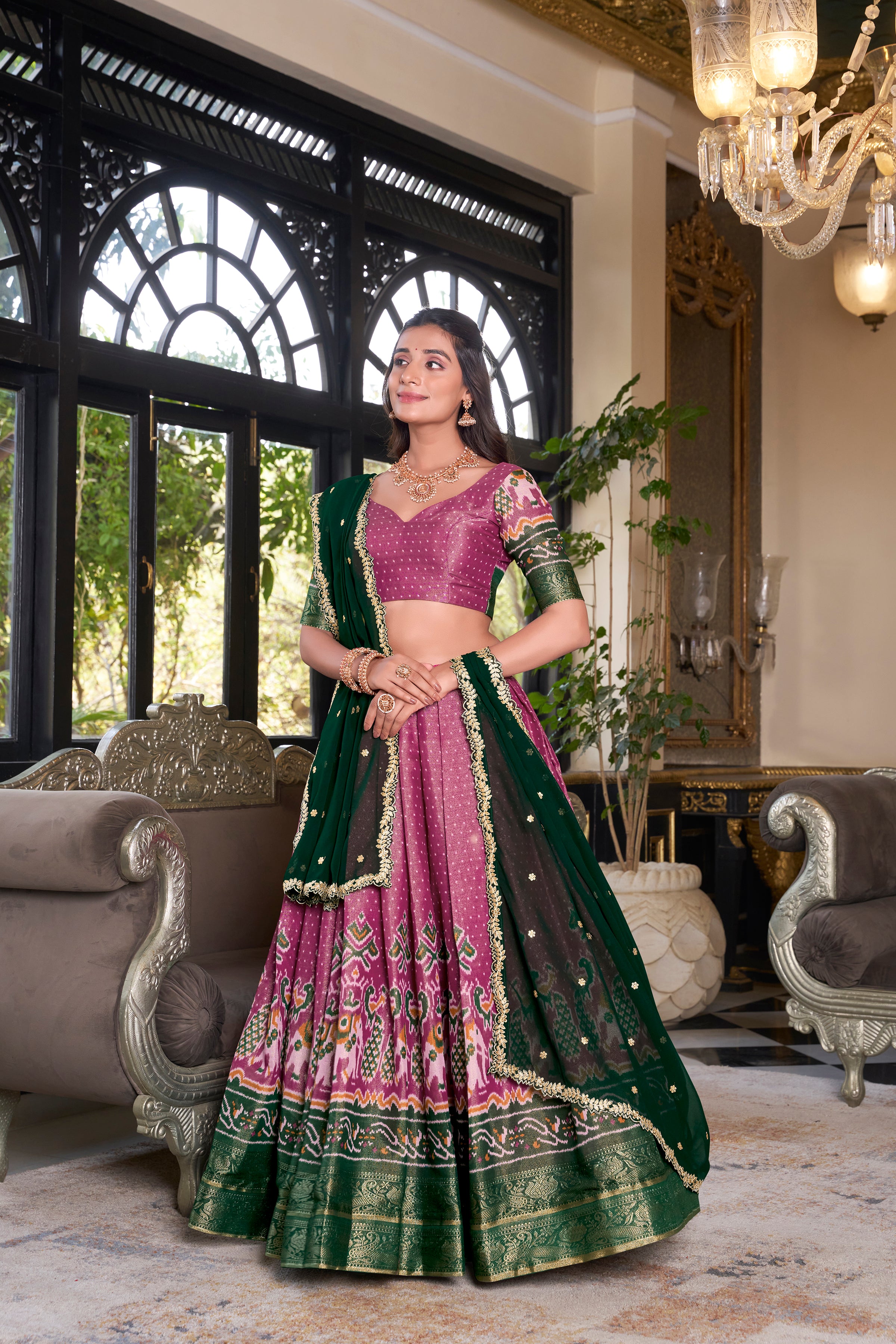 Lorenvalley Pink Kanchipuram Printed With Zari Weaving Work Lehenga Choli with Dupatta - Distacart