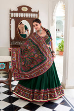Thumbnail for Lorenvalley Fashion Green Tasar Silk Gamthi Print With Embossed Design And Gotta Patti Lace Touch Up Lehenga Choli with Dupatta