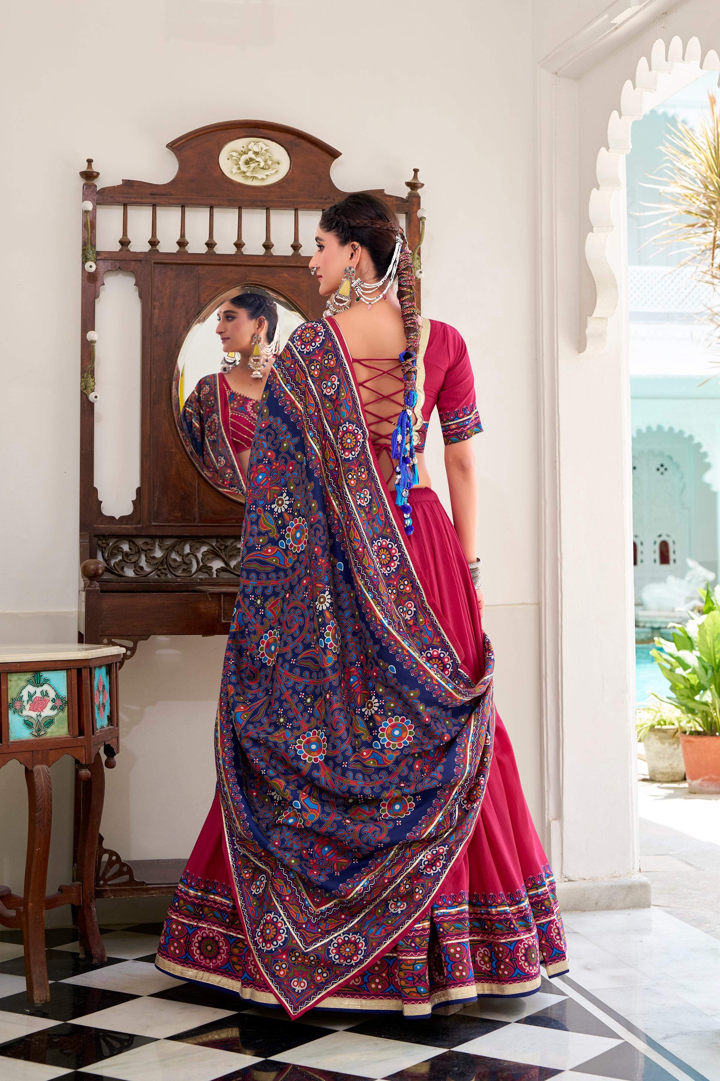 Lorenvalley Fashion Pink Tasar Silk Gamthi Print With Embossed Design And Gotta Patti Lace Touch Up Lehenga Choli with Dupatta
