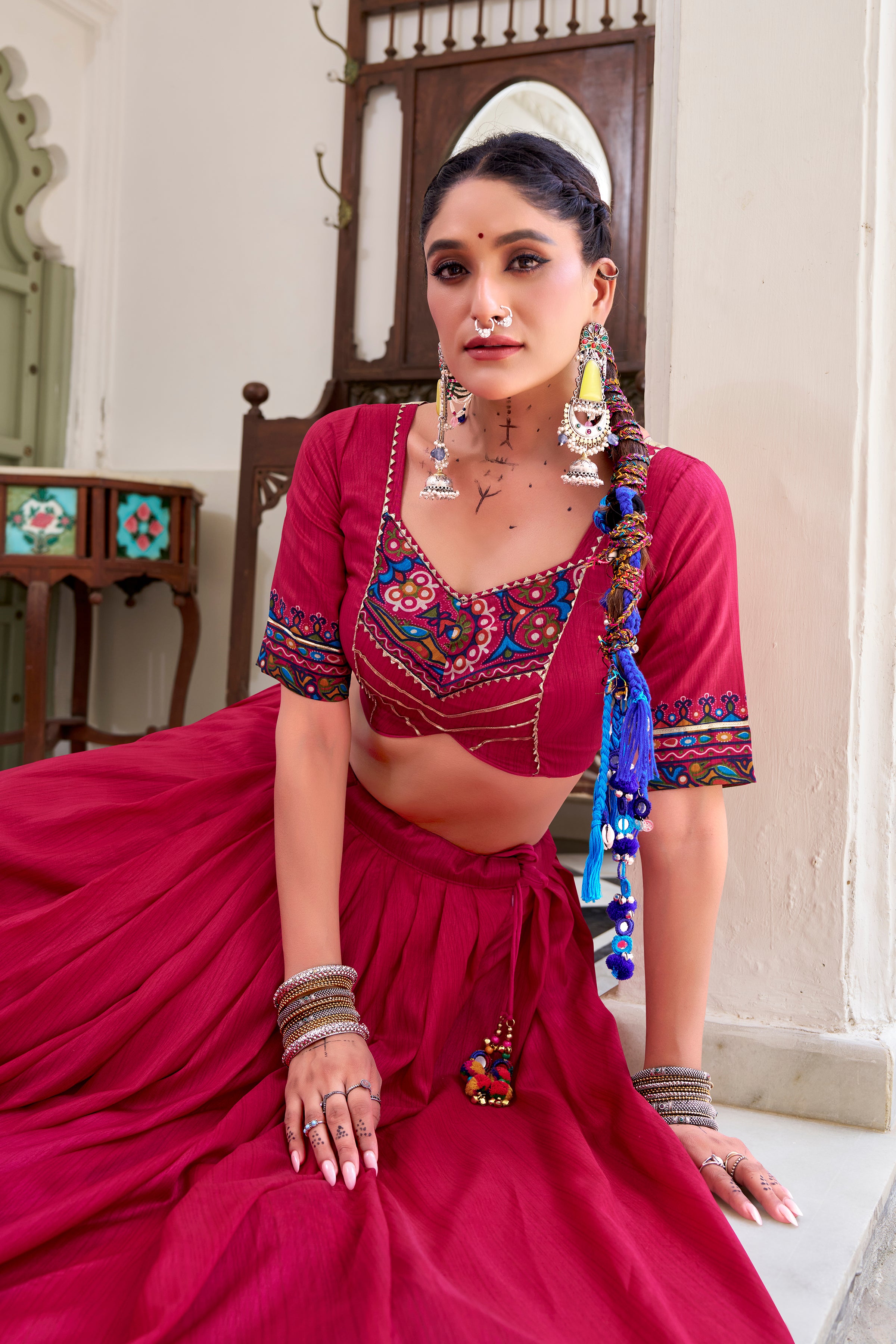Lorenvalley Fashion Pink Tasar Silk Gamthi Print With Embossed Design And Gotta Patti Lace Touch Up Lehenga Choli with Dupatta