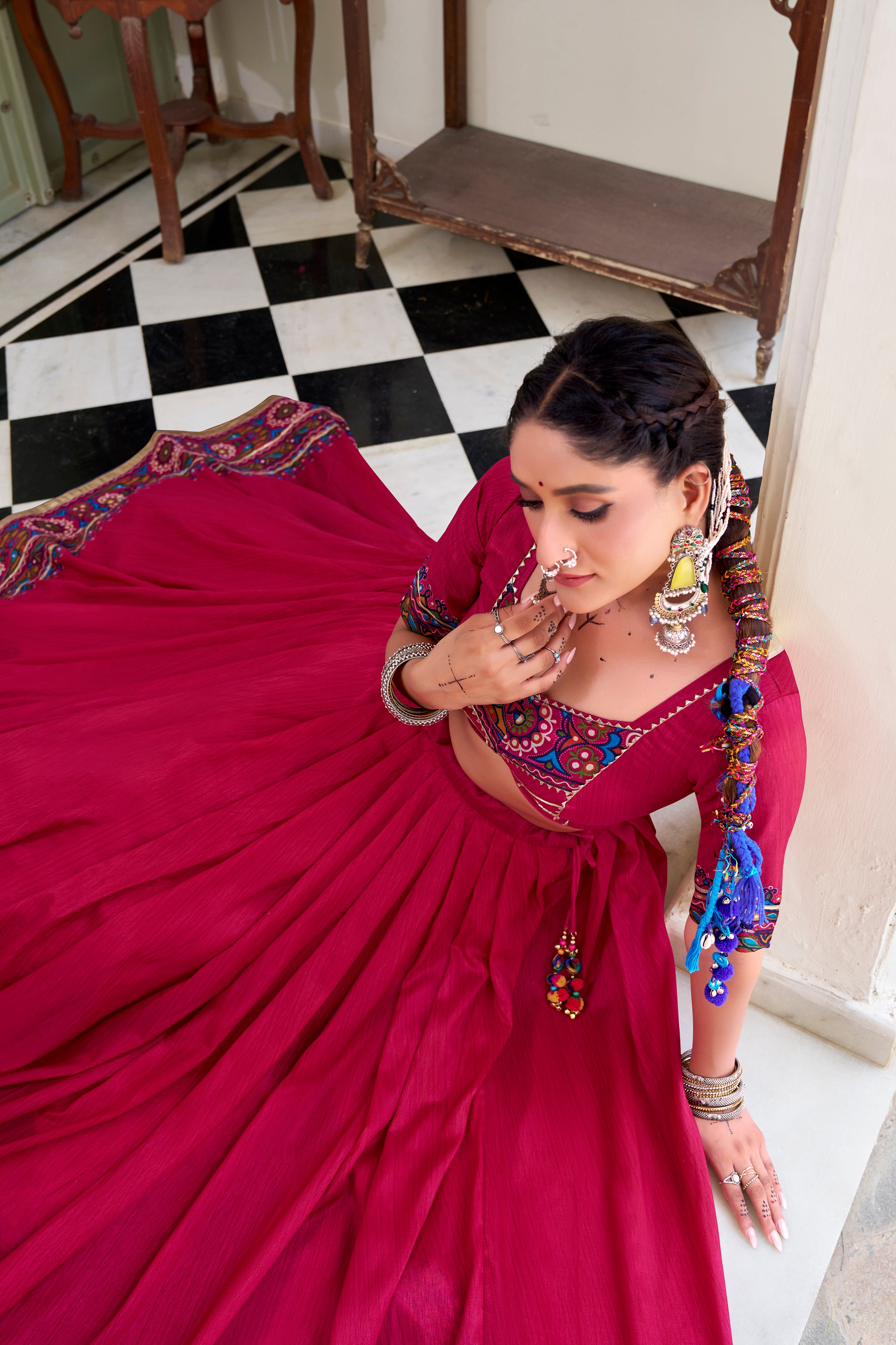 Lorenvalley Fashion Pink Tasar Silk Gamthi Print With Embossed Design And Gotta Patti Lace Touch Up Lehenga Choli with Dupatta