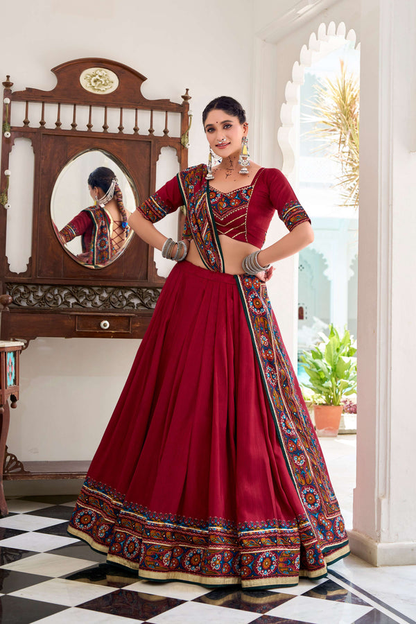 Lorenvalley Fashion Red Tasar Silk Gamthi Print With Embossed Design And Gotta Patti Lace Touch Up Lehenga Choli with Dupatta