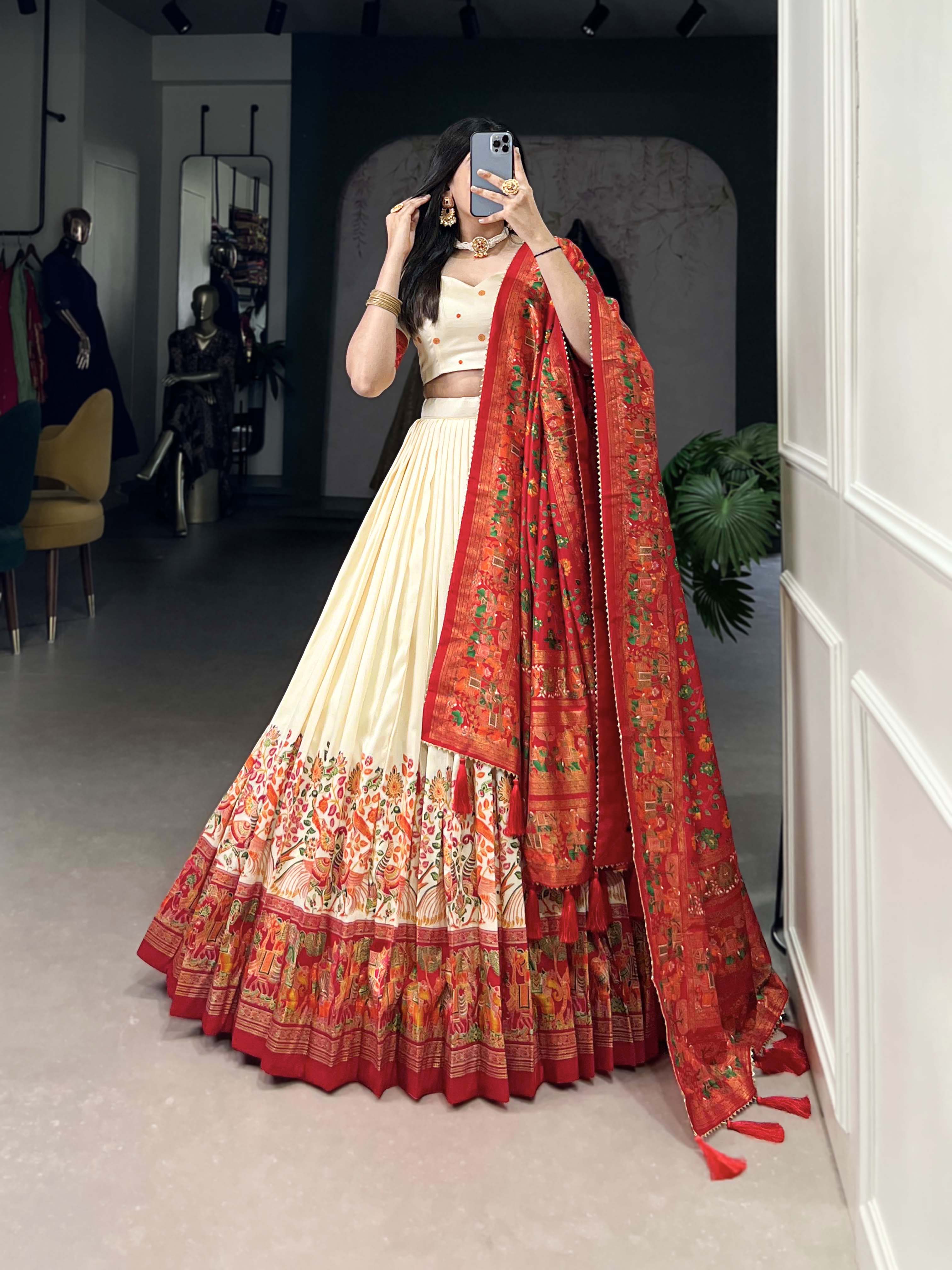 Lorenvalley Off White Tussar Silk Printed With Foil Work Lehenga Choli with Dupatta - Distacart