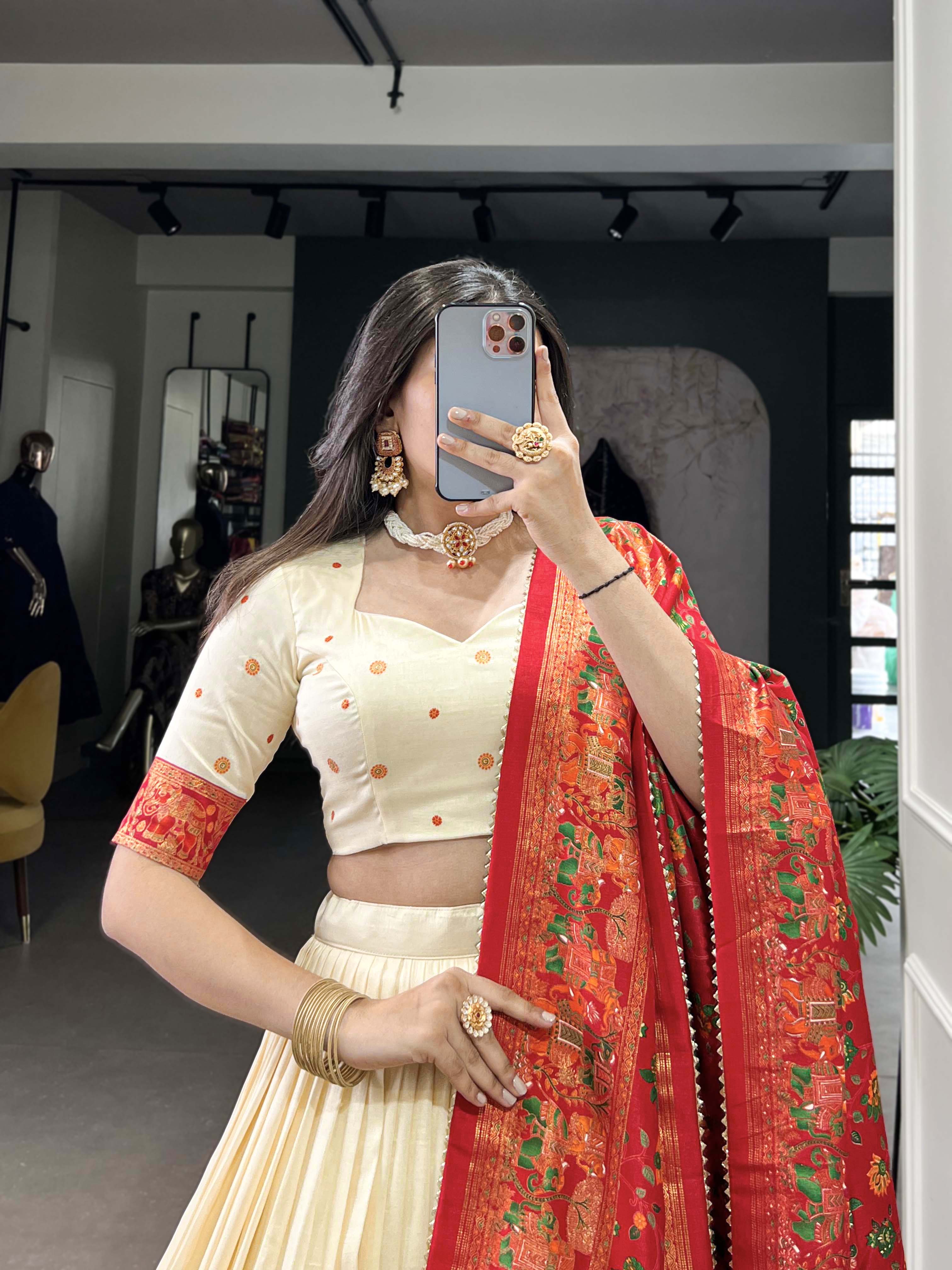 Lorenvalley Off White Tussar Silk Printed With Foil Work Lehenga Choli with Dupatta - Distacart
