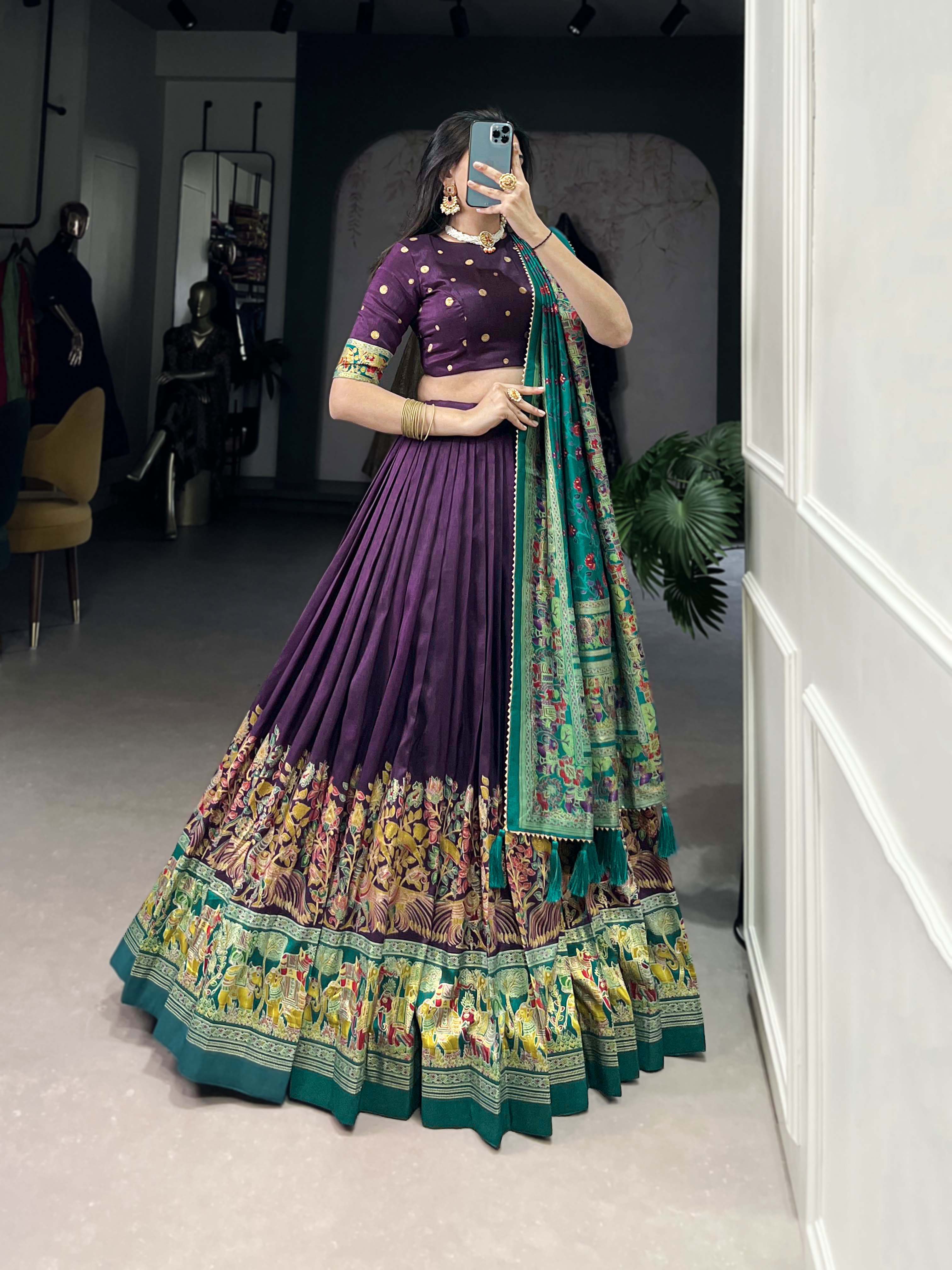 Lorenvalley Purple Tussar Silk Printed With Foil Work Lehenga Choli with Dupatta - Distacart