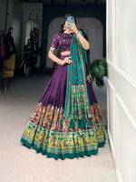 Thumbnail for Lorenvalley Purple Tussar Silk Printed With Foil Work Lehenga Choli with Dupatta - Distacart