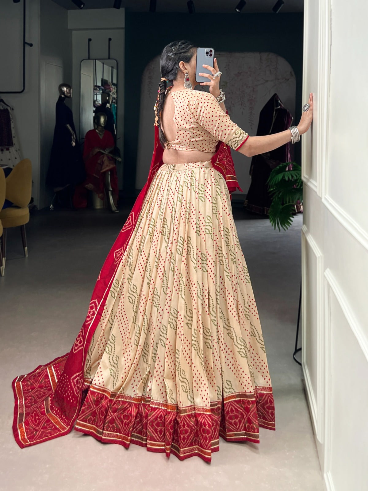 Lorenvalley Fashion Offwhite Tasar Silk Bandhej Print With Gotta Patti Lace Touch Up Lehenga Choli with Dupatta