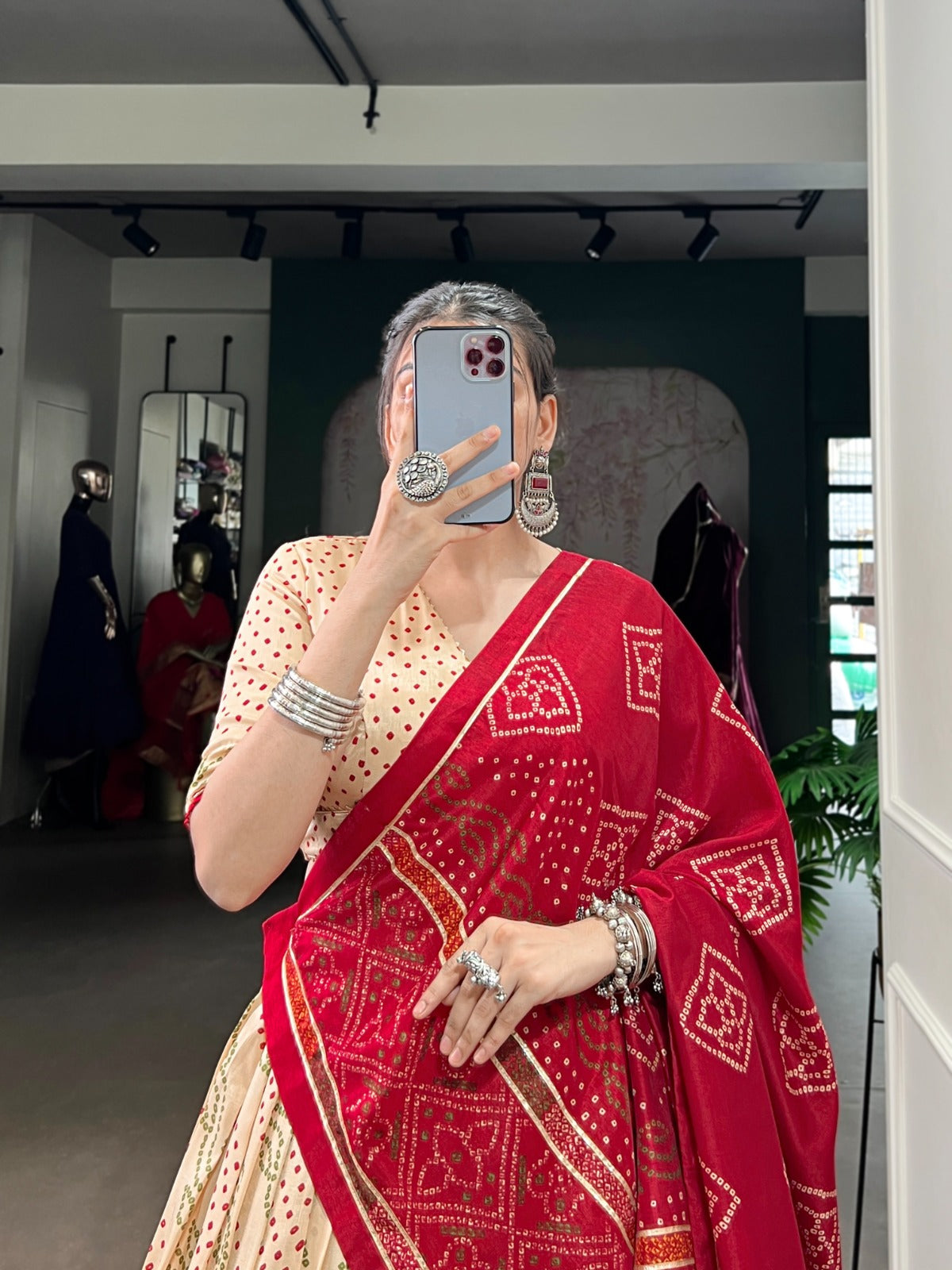 Lorenvalley Fashion Offwhite Tasar Silk Bandhej Print With Gotta Patti Lace Touch Up Lehenga Choli with Dupatta