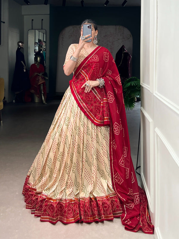 Lorenvalley Fashion Offwhite Tasar Silk Bandhej Print With Gotta Patti Lace Touch Up Lehenga Choli with Dupatta