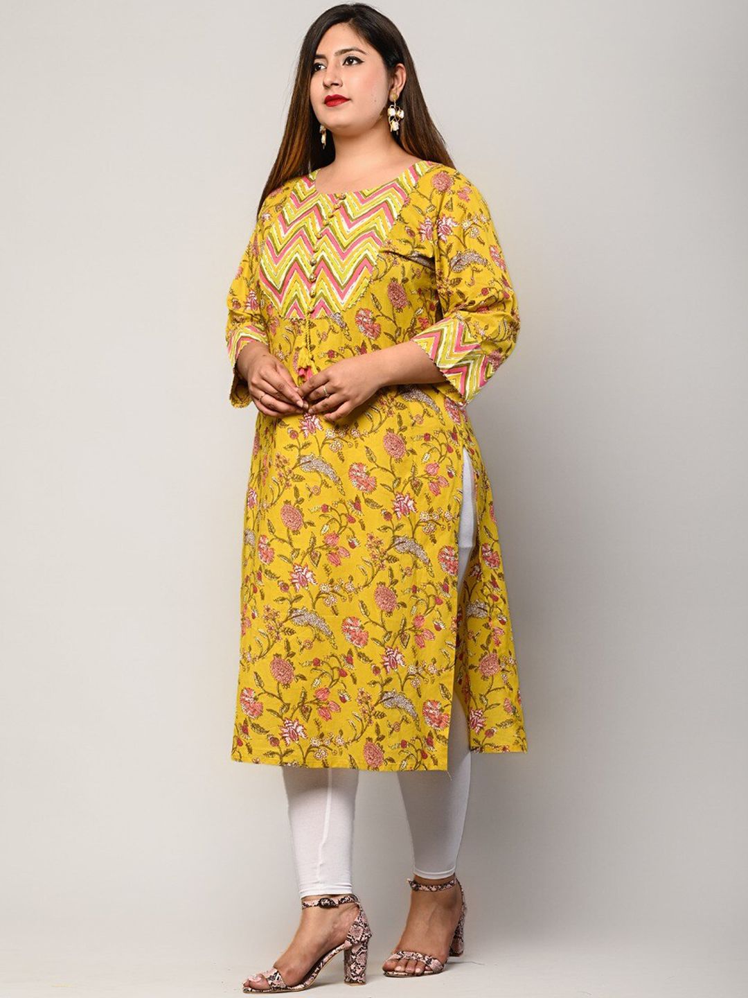 Swasti Women Plus Size Yellow Floral Printed Regular Sleeves Straight Kurta - Distacart