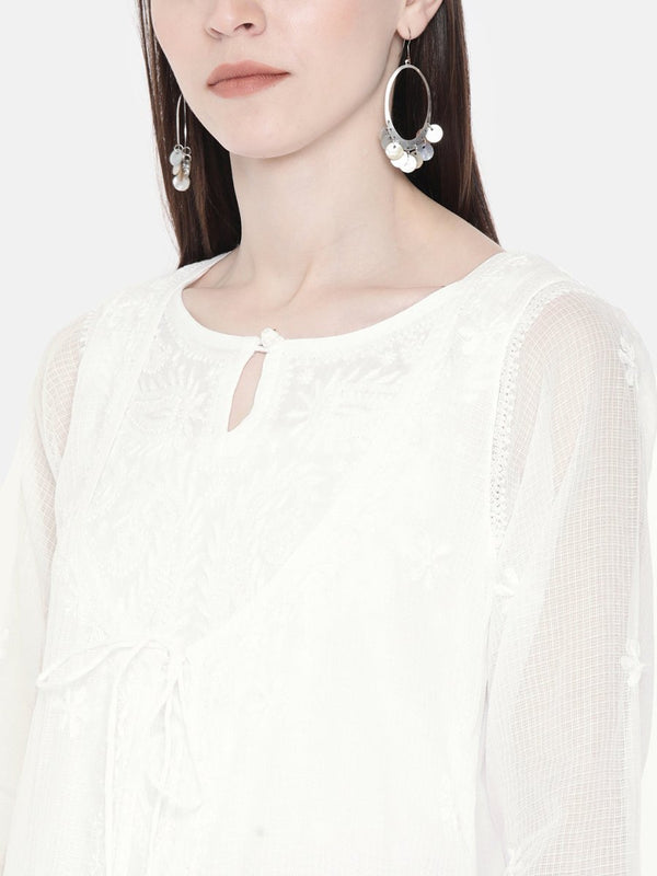 ADA Women White Embroidered Layered A-Line Chikankari Sustainable Kota Handloom Kurta - Distacart