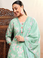 Thumbnail for Vishudh Green Printed Gotta Patti Pure Cotton Straight Kurta With Trousers & Dupatta - Distacart