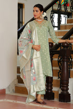 Thumbnail for Vaasva Women Aqua Tissue Brocade Embroidered Kurta With Scalloped Pant & Dupatta - Distacart