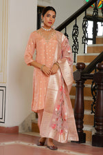 Thumbnail for Vaasva Women Peach Tissue Brocade Embroidered Kurta With Scalloped Pant & Dupatta - Distacart