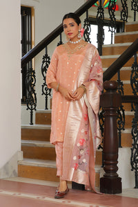 Thumbnail for Vaasva Women Peach Tissue Brocade Embroidered Kurta With Scalloped Pant & Dupatta