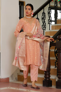 Thumbnail for Vaasva Women Peach Tissue Brocade Embroidered Kurta With Scalloped Pant & Dupatta