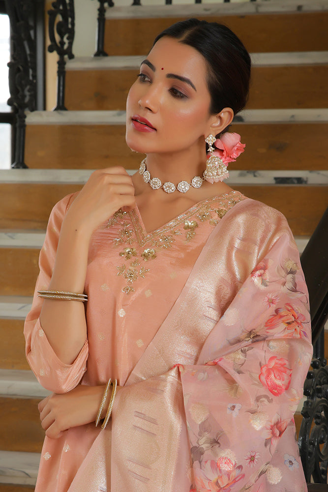 Vaasva Women Peach Tissue Brocade Embroidered Kurta With Scalloped Pant & Dupatta