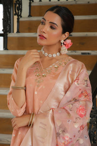 Thumbnail for Vaasva Women Peach Tissue Brocade Embroidered Kurta With Scalloped Pant & Dupatta