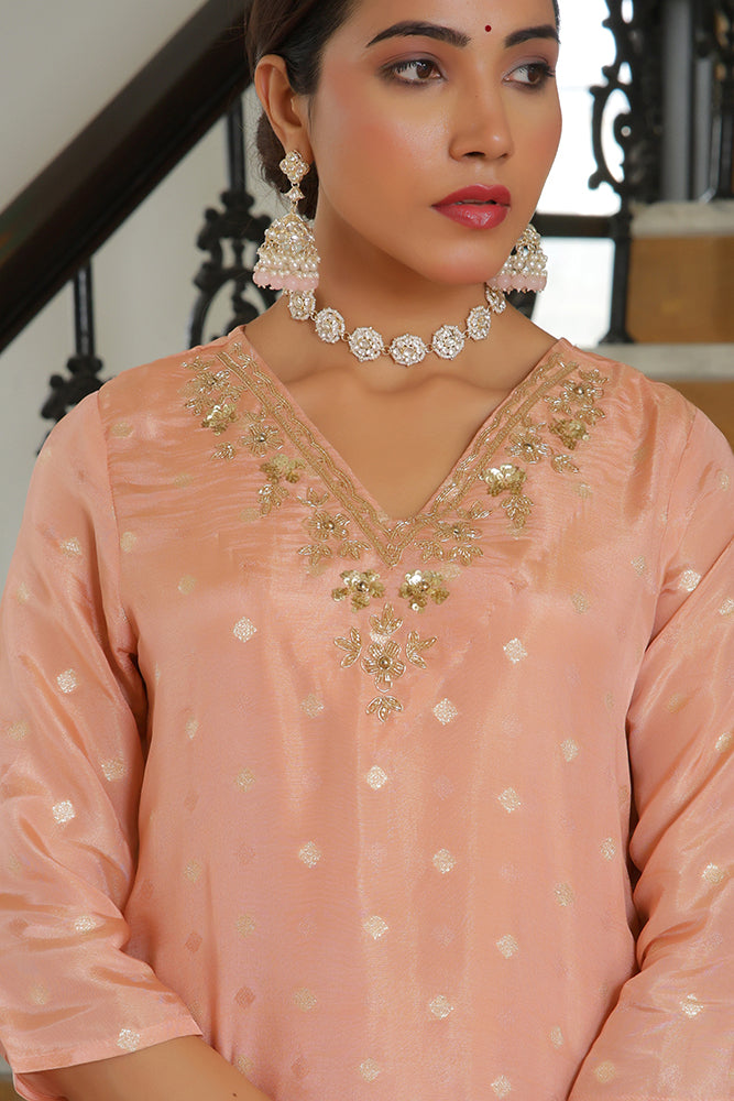 Vaasva Women Peach Tissue Brocade Embroidered Kurta With Scalloped Pant & Dupatta
