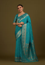 Thumbnail for Monjolika Fashion Elegant Cyan Banarasi Silk Blend SareeBrocade Motifs & Zari Woven Splendor - Distacart