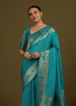 Thumbnail for Monjolika Fashion Elegant Cyan Banarasi Silk Blend SareeBrocade Motifs & Zari Woven Splendor - Distacart
