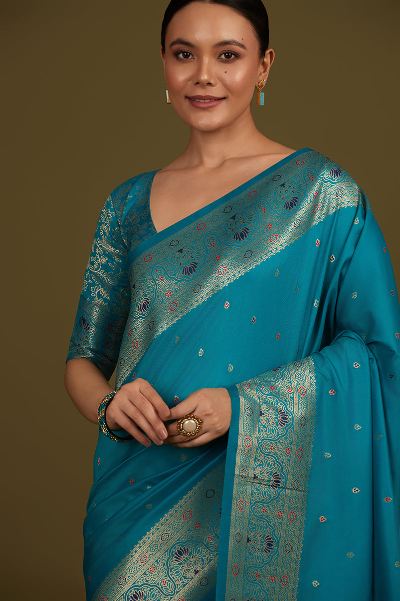 Monjolika Fashion Elegant Cyan Banarasi Silk Blend SareeBrocade Motifs & Zari Woven Splendor - Distacart
