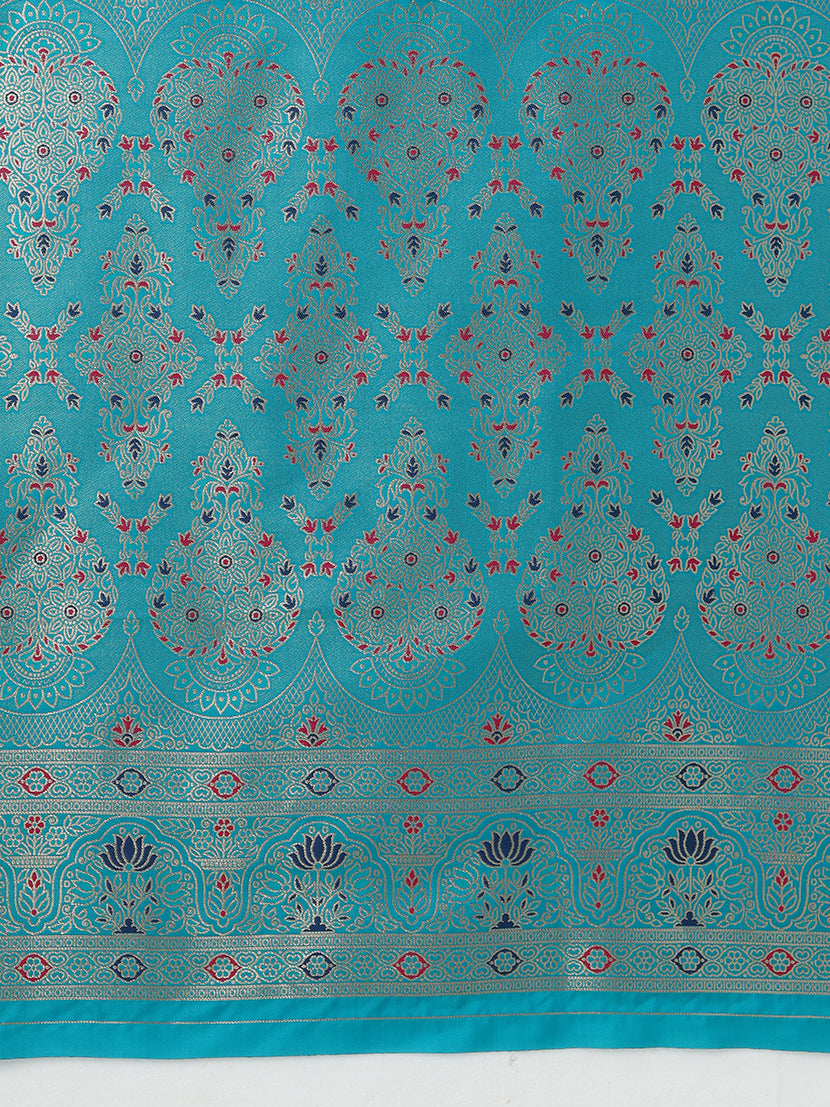Monjolika Fashion Elegant Cyan Banarasi Silk Blend SareeBrocade Motifs & Zari Woven Splendor - Distacart