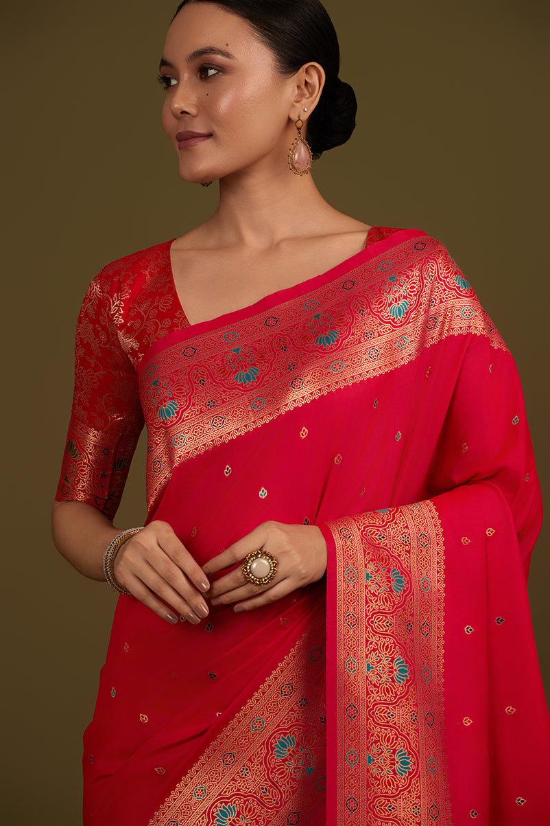 Monjolika Fashion Elegant Hot Pink Banarasi Silk Blend SareeBrocade Motifs & Zari Woven Splendor - Distacart