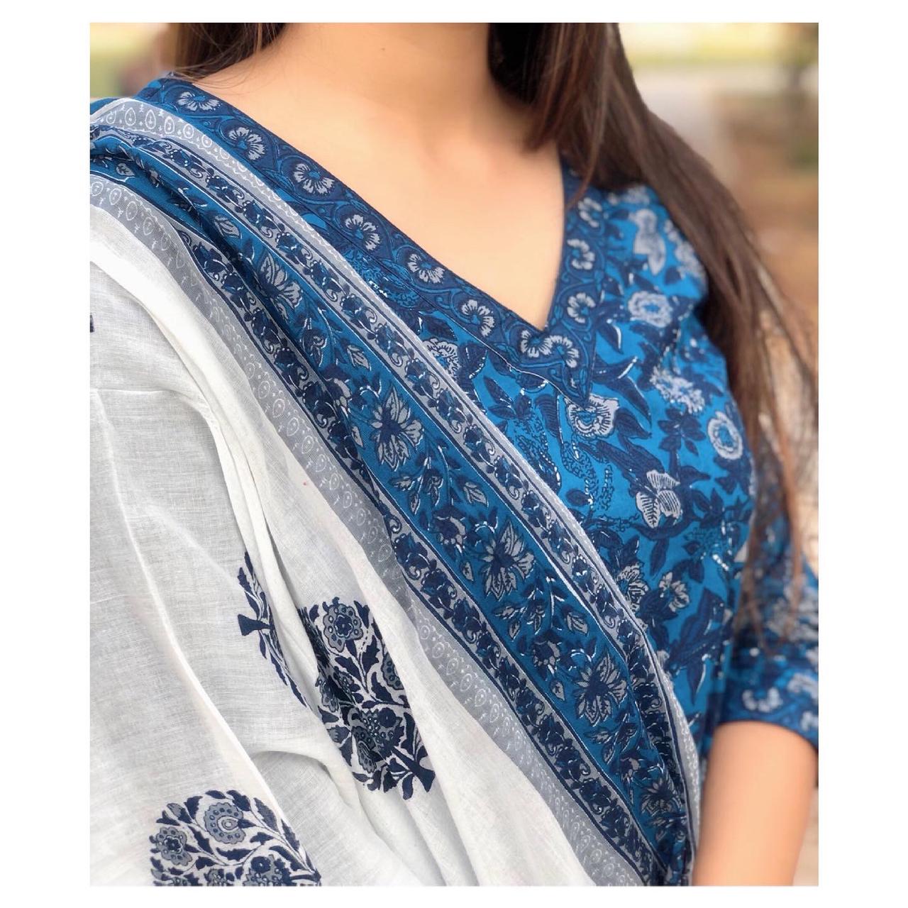 NOZ2TOZ Women Blue Floral Print Viscose Rayon Kurta And Pant Set