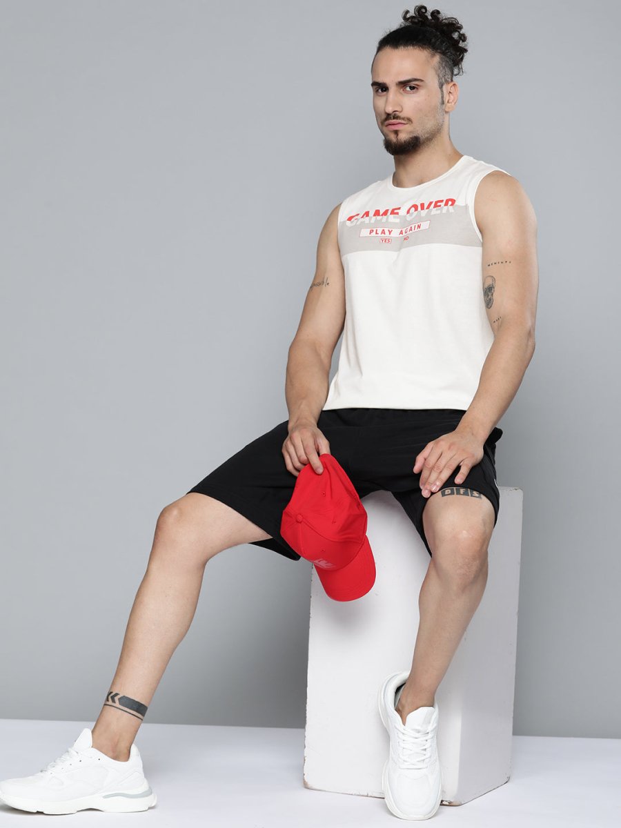 Alcis Men Off White Typography Printed Slim Fit Gym T-shirt - Distacart