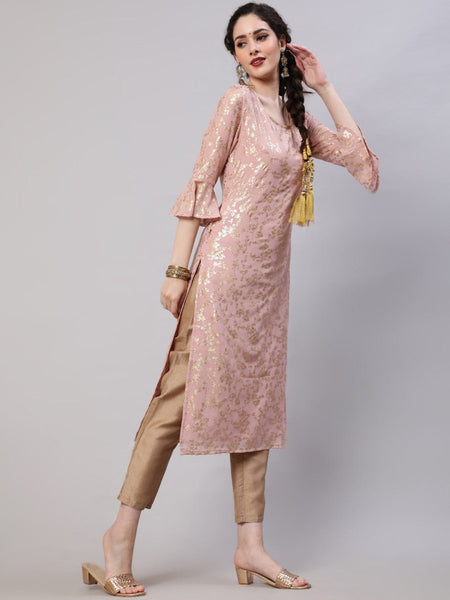 Aks Floral Printed Bell Sleeves Regular Kurta With Trousers - Distacart