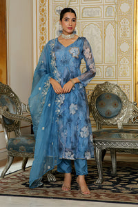Thumbnail for Vaasva Women Blue Embroidered Anarkali Kurta With Solid Pant & Dupatta
