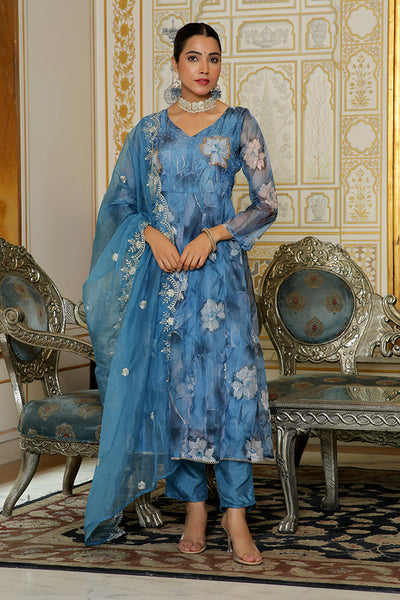 Vaasva Women Blue Embroidered Anarkali Kurta With Solid Pant & Dupatta