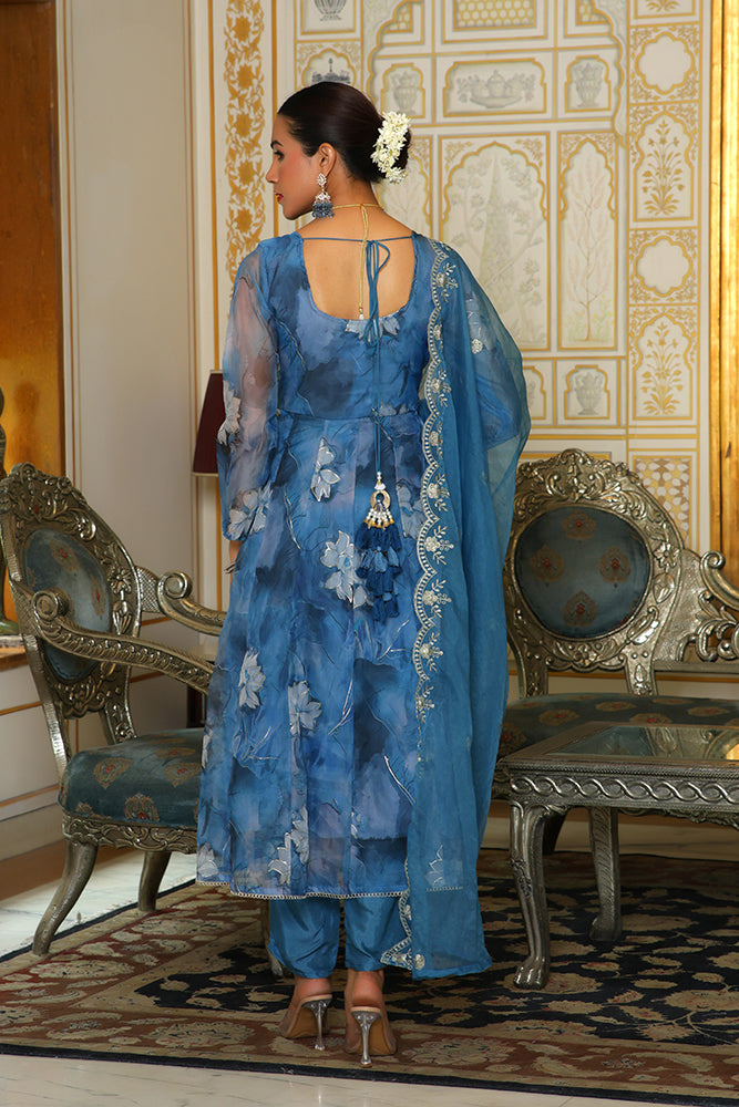 Vaasva Women Blue Embroidered Anarkali Kurta With Solid Pant & Dupatta